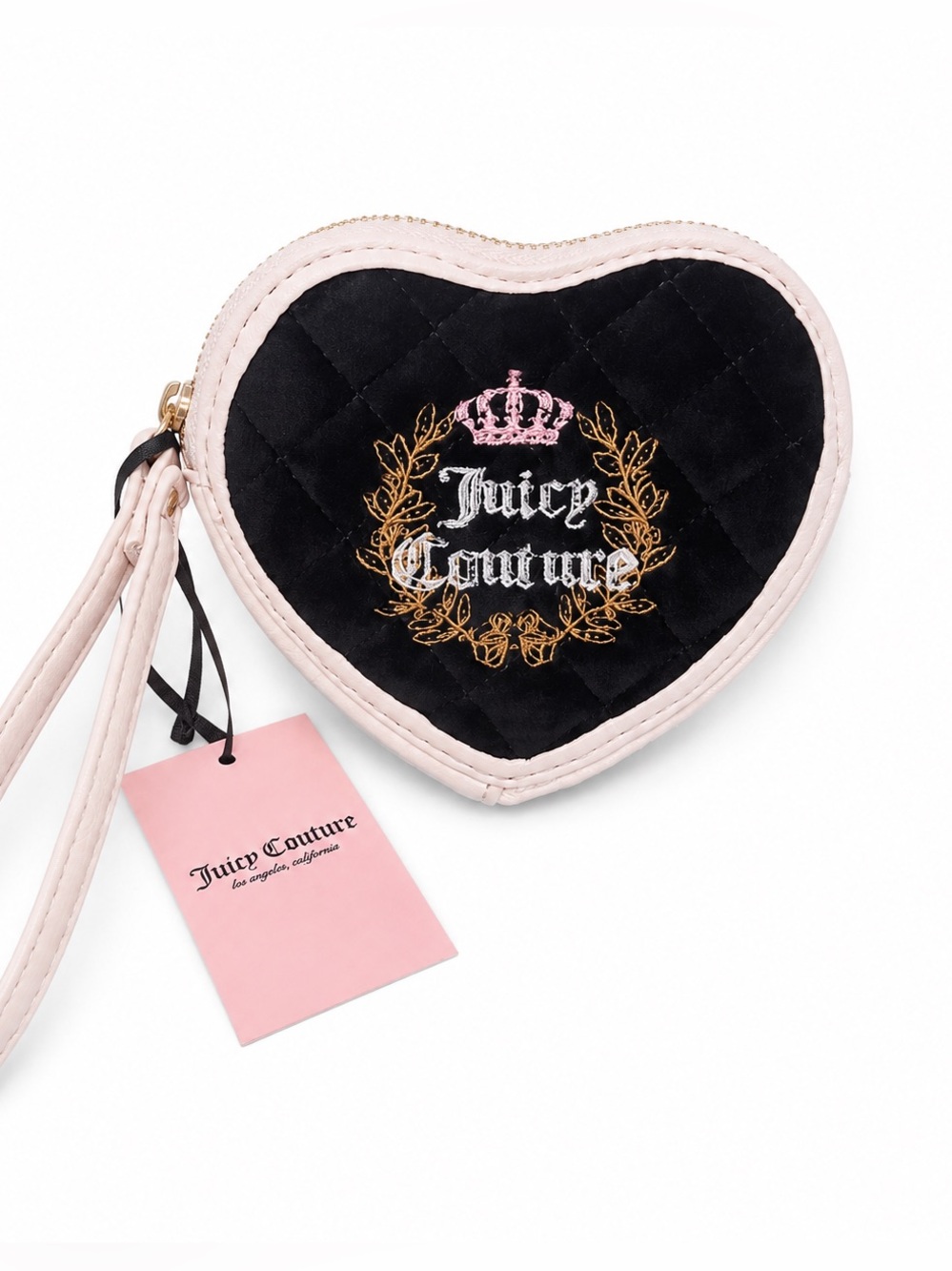 Juicy Couture Black Quilted Heart Wristlet with White Trim